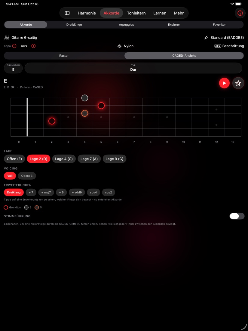 redLUX Guitar auf dem iPad — CAGED-Ansicht mit dem ganzen Griffbrett und jeder Lage in Reichweite