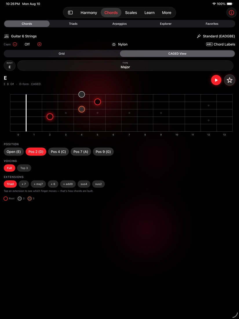 redLUX Guitar on iPad — CAGED View with the full neck and every position in reach
