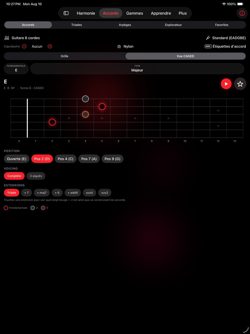 redLUX Guitar sur iPad — vue CAGED avec le manche entier et toutes les positions à portée