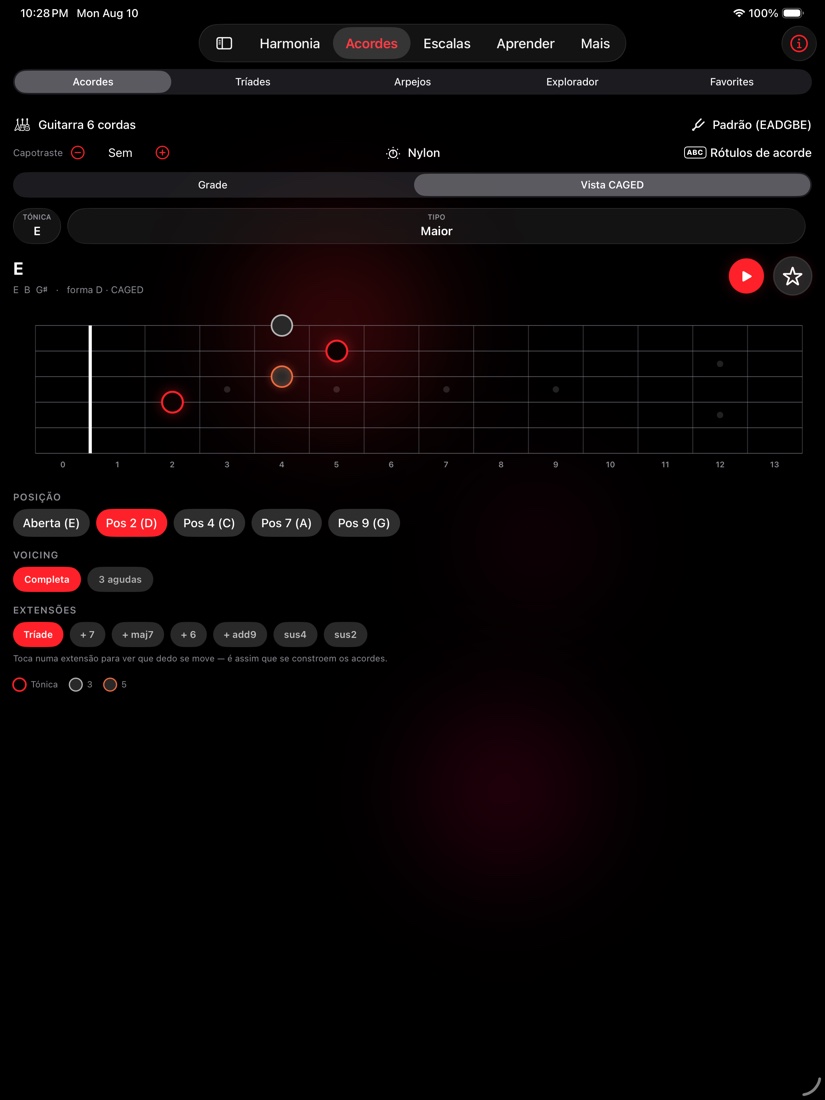 redLUX Guitar no iPad — visão CAGED com o braço inteiro e todas as posições ao alcance