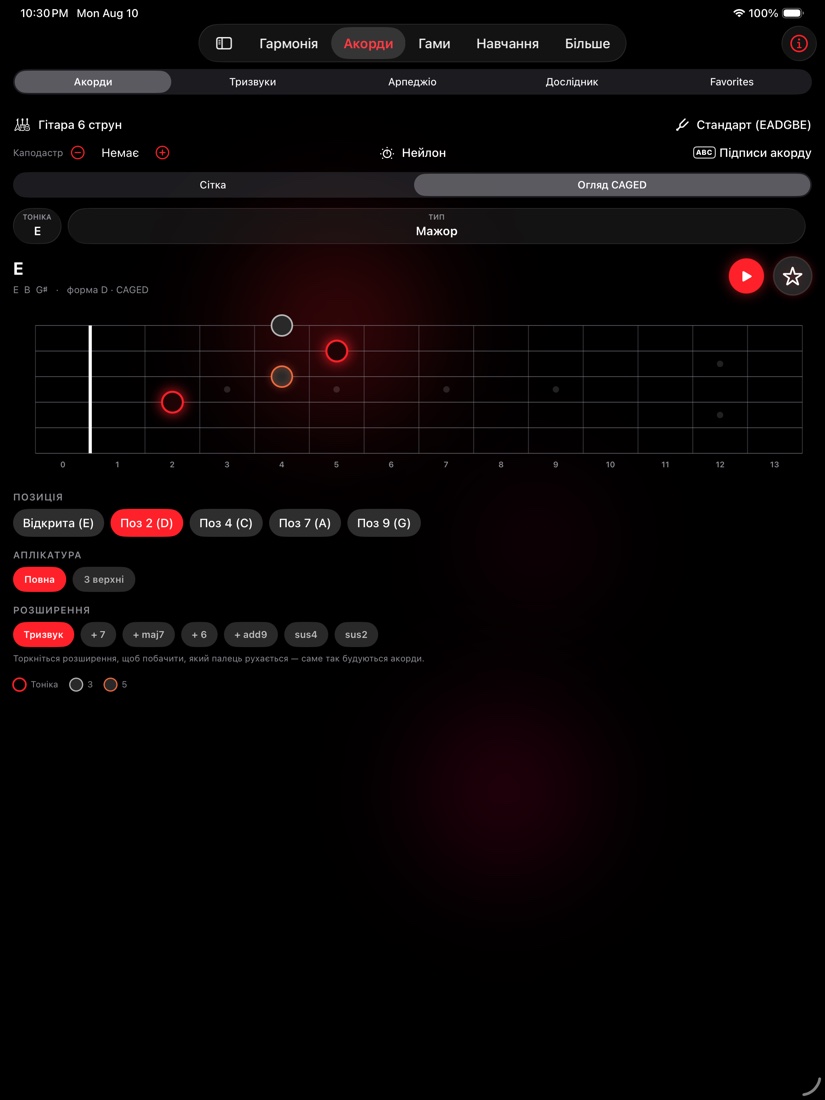 redLUX Guitar на iPad — режим CAGED з усім грифом і кожною позицією під рукою