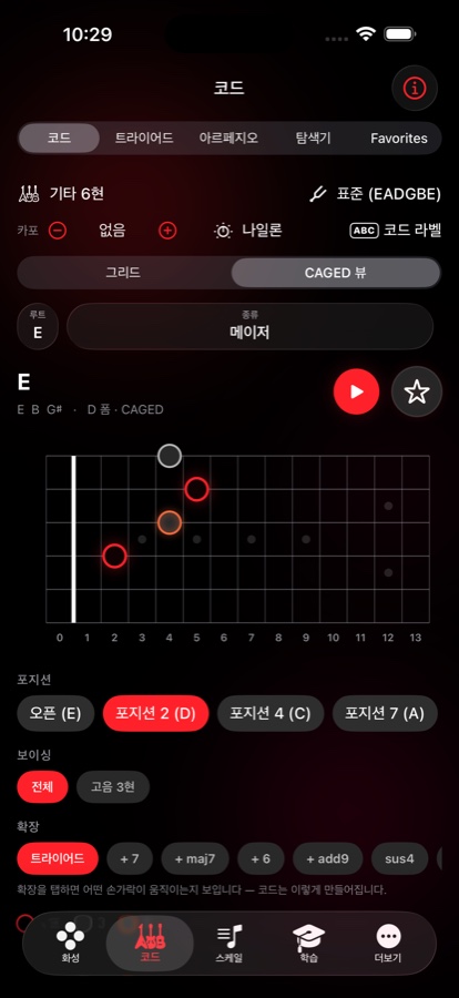 CAGED 뷰의 코드 탭. 포지션 2의 E major D폼을 보여주고 지판 아래에 포지션과 확장음 선택기 배치