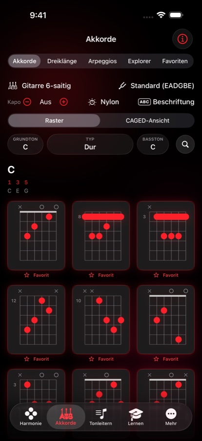Akkord-Voicings für C-Dur mit neun spielbaren Diagrammen, Tonnamen, Barré-Markierungen und einem Favoriten-Stern unter jedem