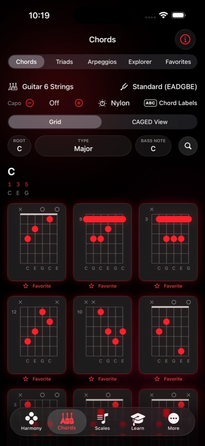 Chord voicings — every playable diagram for C major, with note names and barre markings