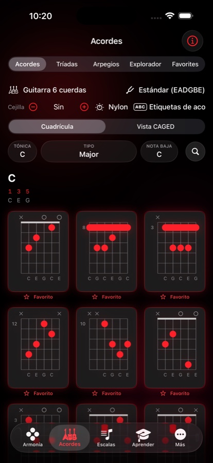Rejilla de voicings de Do mayor con nueve diagramas tocables, nombres de nota, marcas de cejilla y una estrella de favorito bajo cada uno