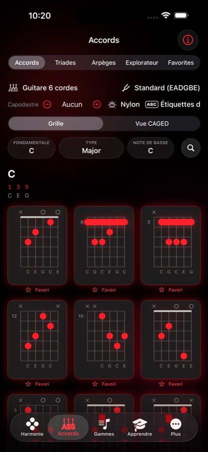 Grille de voicings de Do majeur avec neuf diagrammes jouables, noms de notes, indications de barré et une étoile de favori sous chacun
