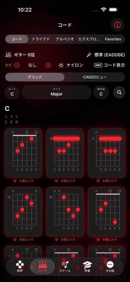 C メジャーのボイシング一覧。9つの押さえられるダイアグラムに音名とバレー表示、それぞれの下にお気に入りの星