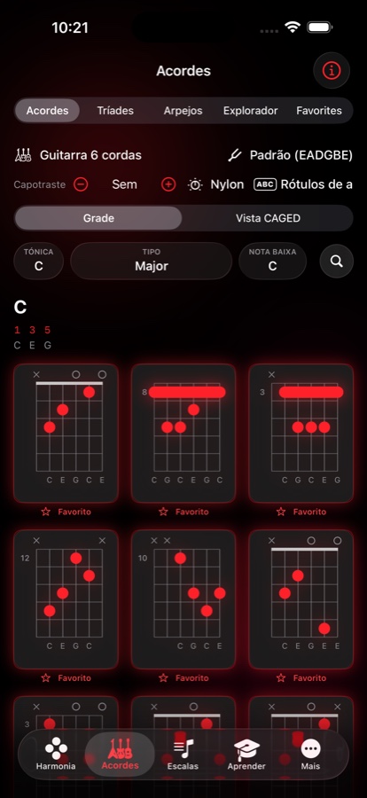 Grade de voicings de Dó maior com nove diagramas tocáveis, nomes de notas, marcações de pestana e uma estrela de favorito sob cada um