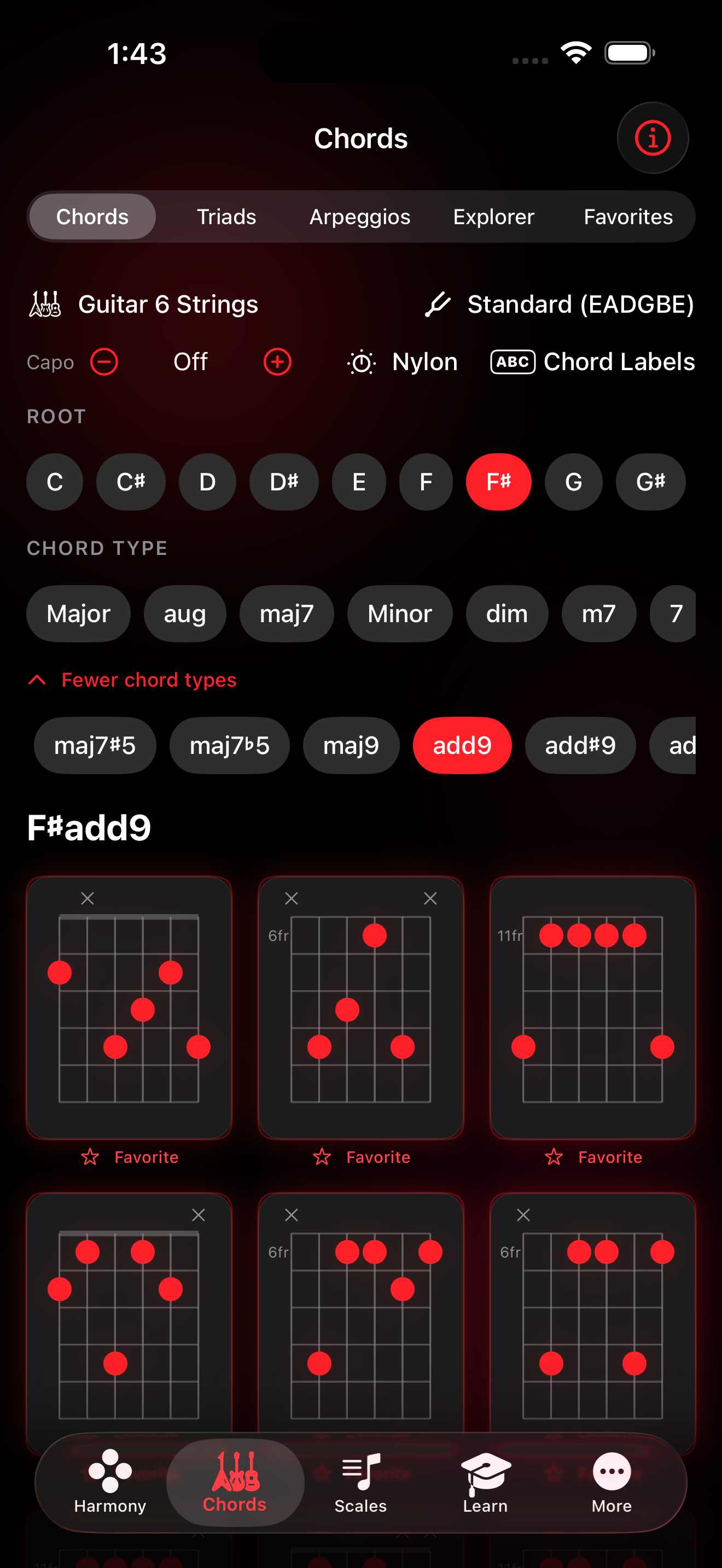 Chord voicings grid for F sharp add9 showing six diagram options with scale-degree labels and favorite stars