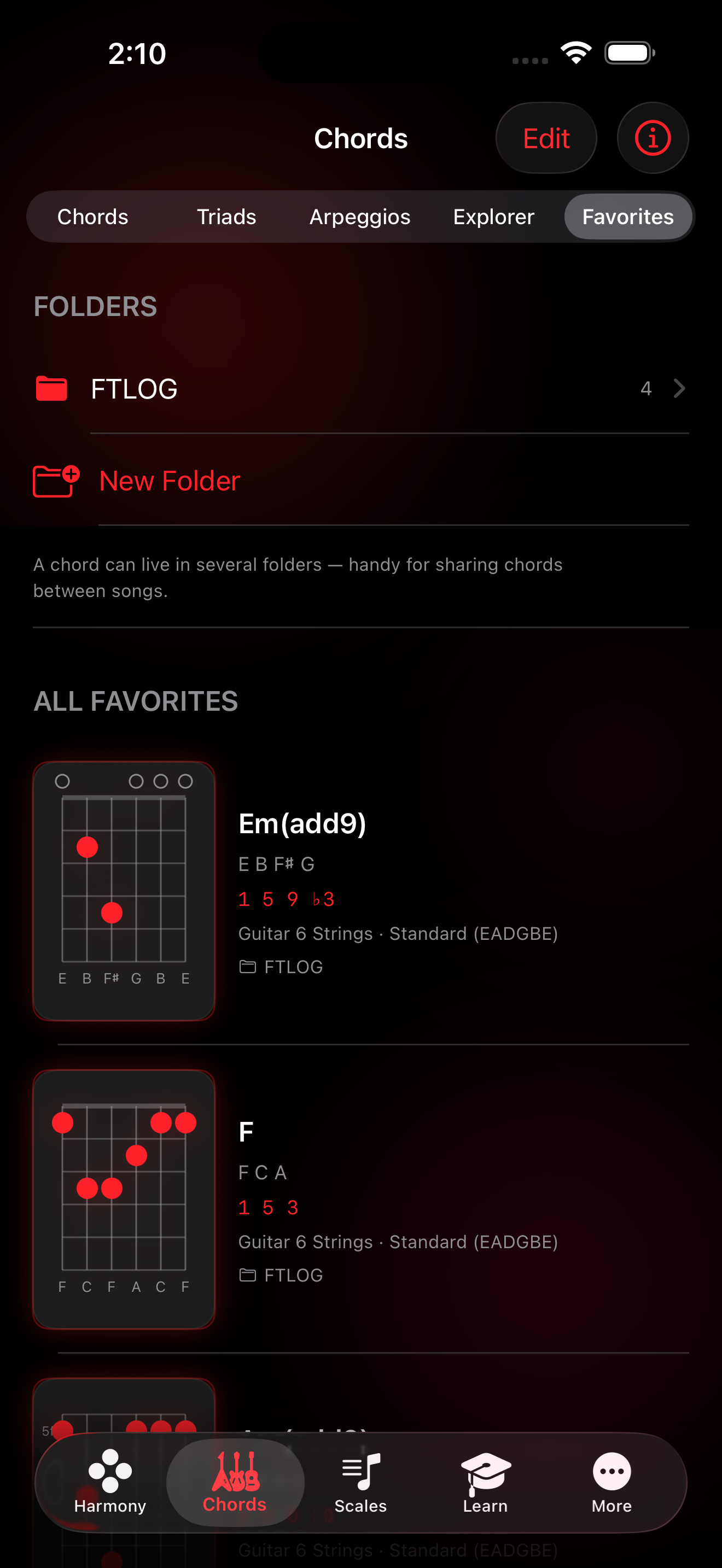 Favorites list with custom chord folders and organization