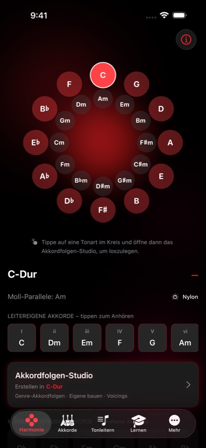 Harmonie-Bildschirm mit dem Quintenzirkel, ausgewähltem C-Dur, den sechs leitereigenen Akkorden darunter und einer Abkürzung ins Akkordfolgen-Studio