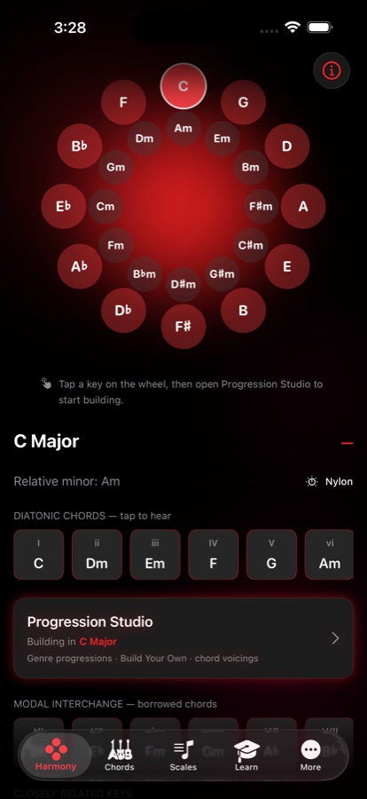 redLUX Guitar Harmony screen showing the Circle of Fifths key wheel with C Major selected, its diatonic chords, and a shortcut into Progression Studio