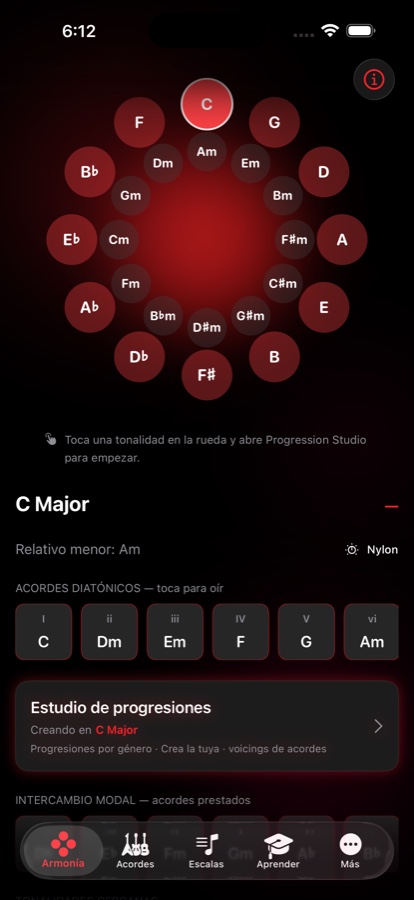 Pantalla de Armonía de redLUX Guitar mostrando la rueda del Círculo de Quintas con Do mayor seleccionado, sus acordes diatónicos y un acceso directo al Estudio de Progresiones