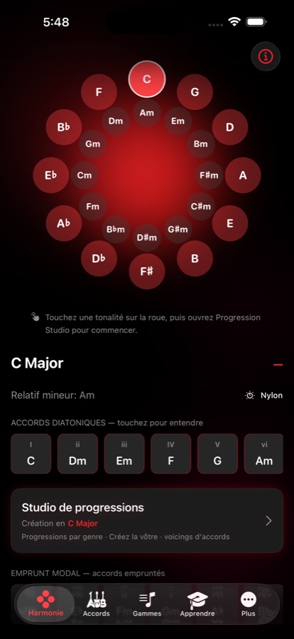 Écran Harmonie de redLUX Guitar montrant la roue du cycle des quintes avec Do majeur sélectionné, ses accords diatoniques et un raccourci vers le Studio de progressions