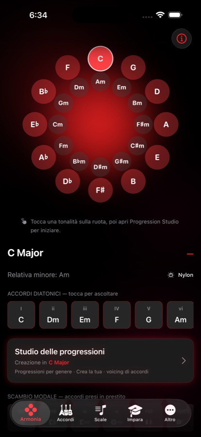 Schermata Armonia di redLUX Guitar con la ruota del Circolo delle Quinte e Do maggiore selezionato, i suoi accordi diatonici e una scorciatoia verso lo Studio delle Progressioni