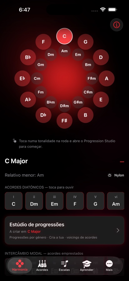 Tela de Harmonia do redLUX Guitar mostrando a roda do Ciclo das Quintas com Dó maior selecionado, seus acordes diatônicos e um atalho para o Estúdio de Progressões