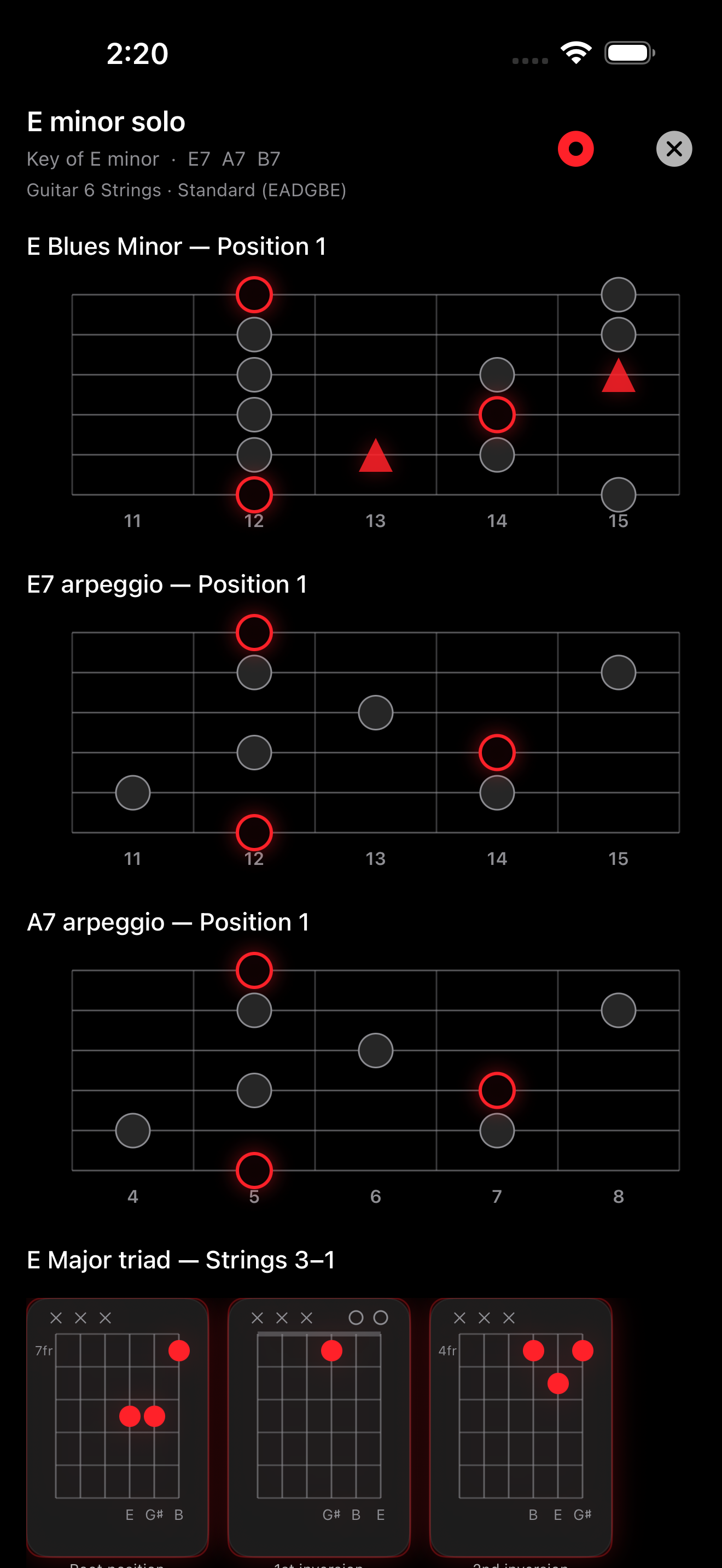 Improv builder combining an E Blues Minor scale position, E7 and A7 arpeggios, and an E major triad with inversions for a solo over an E minor progression