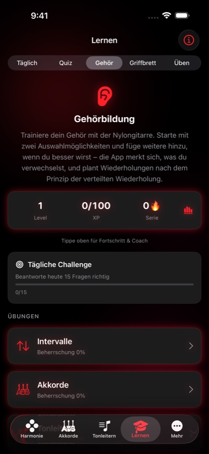 Lernen-Tab mit Gehörbildung, Level-, XP- und Serien-Zählern, einer Tagesaufgabe und dem Lernfortschritt für Intervalle, Akkorde und Tonleitern