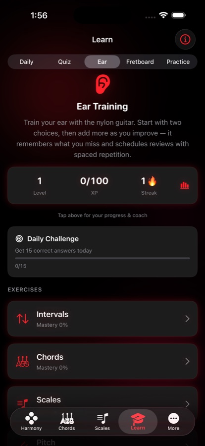 Learn — ear training with level, XP, streak and a daily challenge