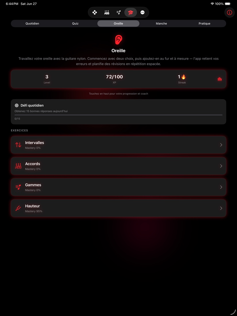 redLUX Guitar sur iPad — l'onglet Apprendre avec la formation de l'oreille et la progression au complet