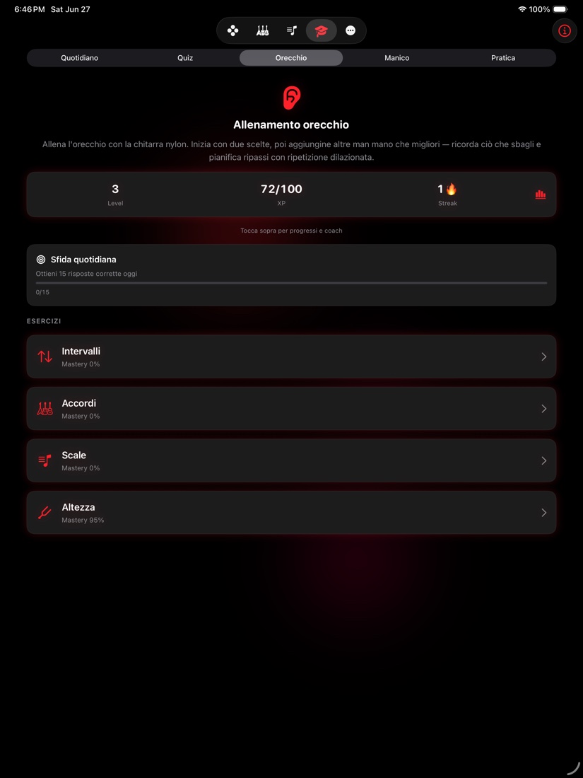 redLUX Guitar su iPad — la scheda Impara con l'educazione dell'orecchio e i progressi ben distesi