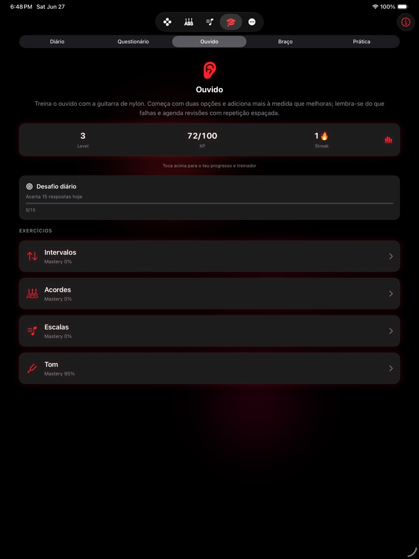 redLUX Guitar no iPad — a aba Aprender com treino auditivo e progresso bem distribuídos