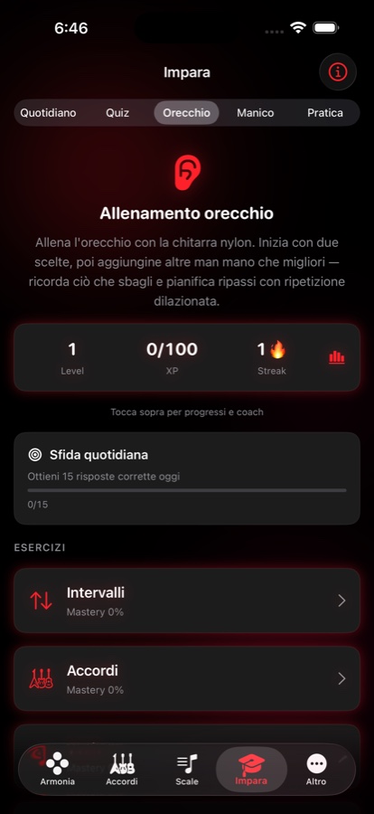 Scheda Impara con l'educazione dell'orecchio, contatori di livello, XP e serie, una sfida giornaliera e l'avanzamento su intervalli, accordi e scale