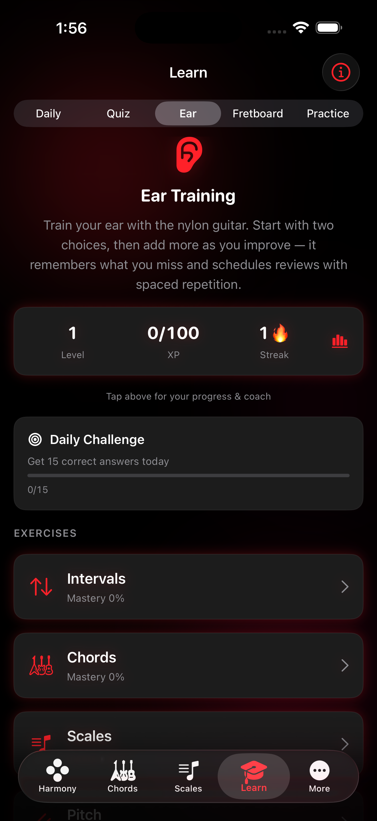 Learn tab showing the Ear Training exercise with level, XP, streak, a daily challenge, and mastery progress for intervals, chords, and scales