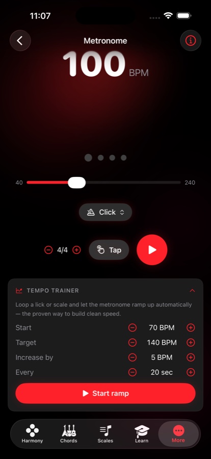 Metronome — 100 BPM with tap tempo and a tempo trainer that ramps from 70 to 140 BPM