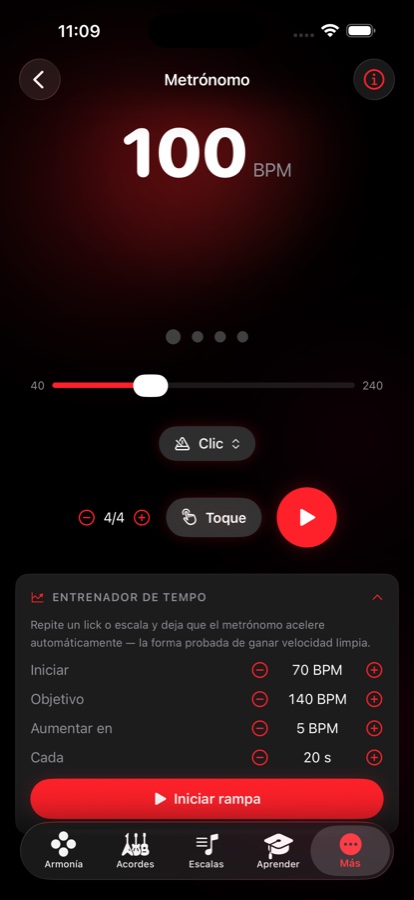 Pantalla del metrónomo a 100 BPM con tempo por toque, controles de compás y un entrenador de tempo que sube de 70 a 140 BPM