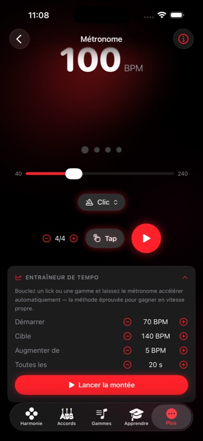 Écran du métronome réglé à 100 BPM avec tempo tapé, commandes de mesure et un coach de tempo qui monte de 70 à 140 BPM