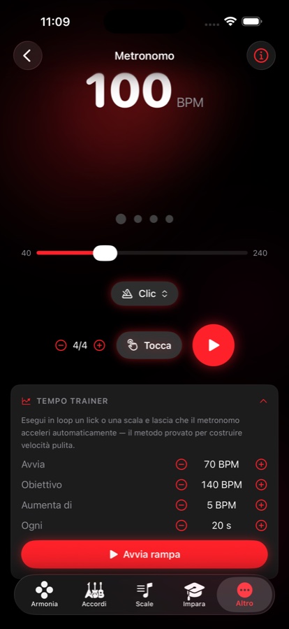 Schermata del metronomo a 100 BPM con tap tempo, controlli di tempo in chiave e un allenatore che sale da 70 a 140 BPM