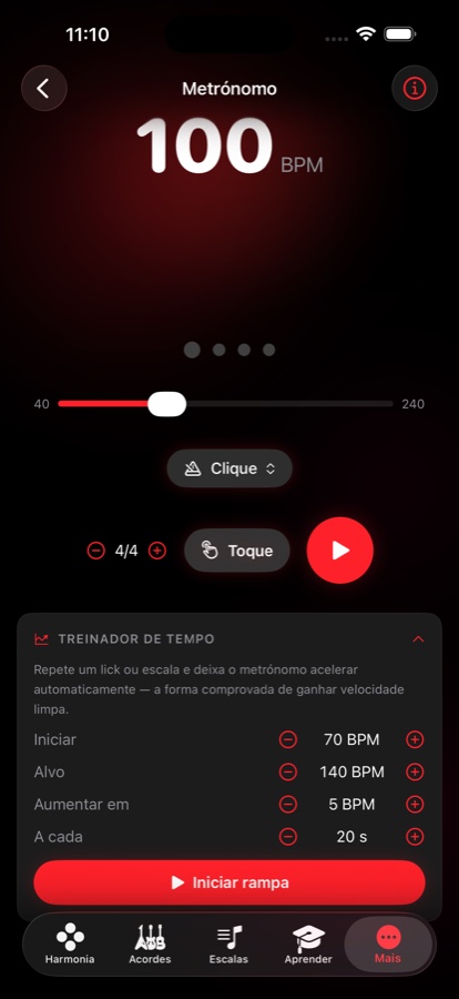 Tela do metrônomo em 100 BPM com tap tempo, controles de fórmula de compasso e um treinador que sobe de 70 a 140 BPM