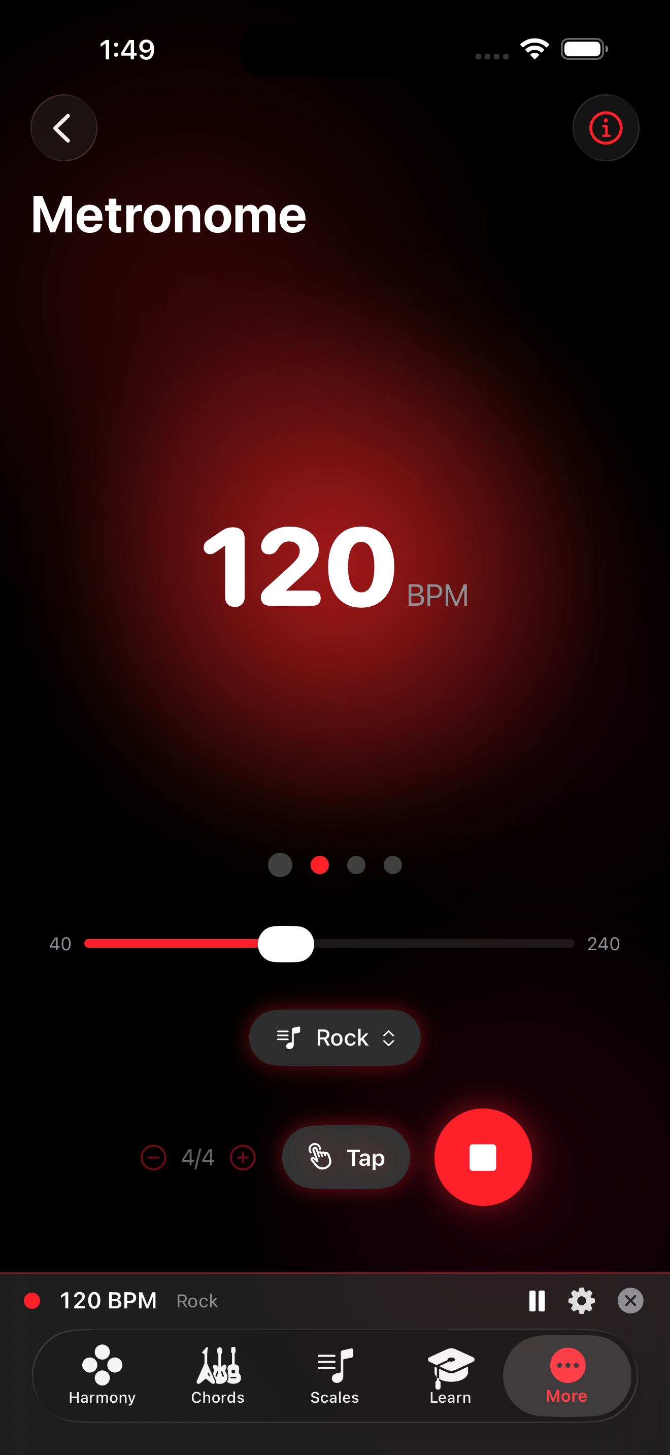 Metronome screen set to 120 BPM with a Rock groove pattern, tap tempo, and time signature controls