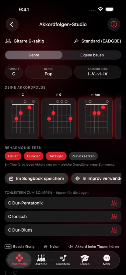 Akkordfolgen-Studio mit einer I-V-vi-IV-Folge in C, Akkorddiagrammen für jede Stufe, Reharmonisieren-Tasten und einer Liste von Tonleitern zum Solieren
