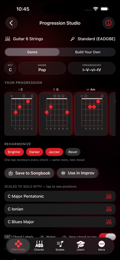 Progression Studio — a I-V-vi-IV progression in C with Reharmonize controls and matching scales