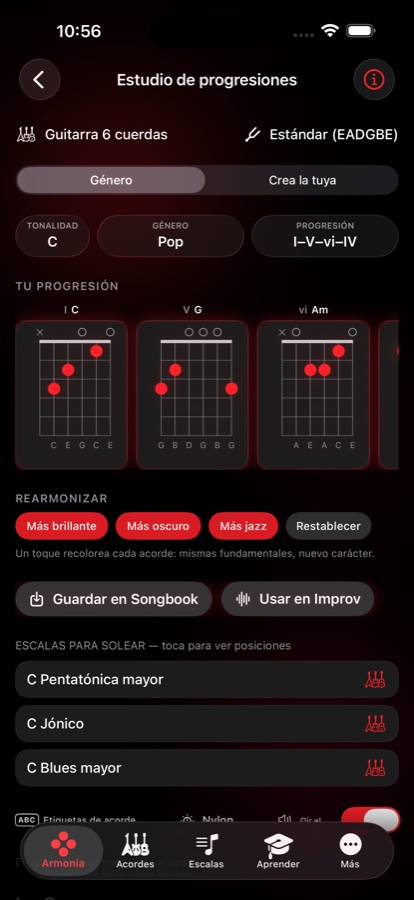 Estudio de Progresiones con una progresión I-V-vi-IV en Do, diagramas de acorde para cada grado, botones de Rearmonizar y una lista de escalas para improvisar