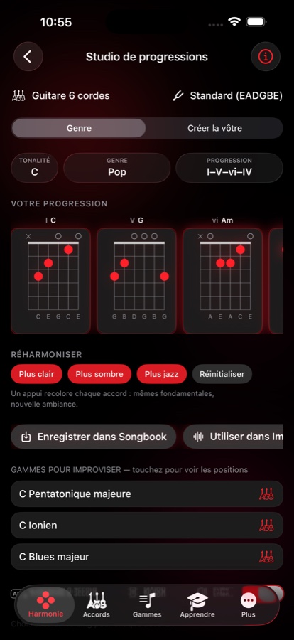 Studio de progressions avec une progression I-V-vi-IV en Do, des diagrammes d'accord pour chaque degré, des boutons Réharmoniser et une liste de gammes pour improviser