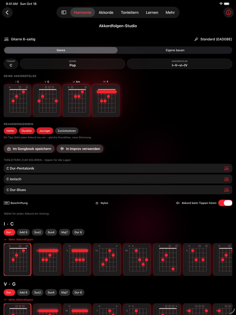 redLUX Guitar auf dem iPad — Akkordfolgen-Studio mit Platz für die ganze Akkordreihe