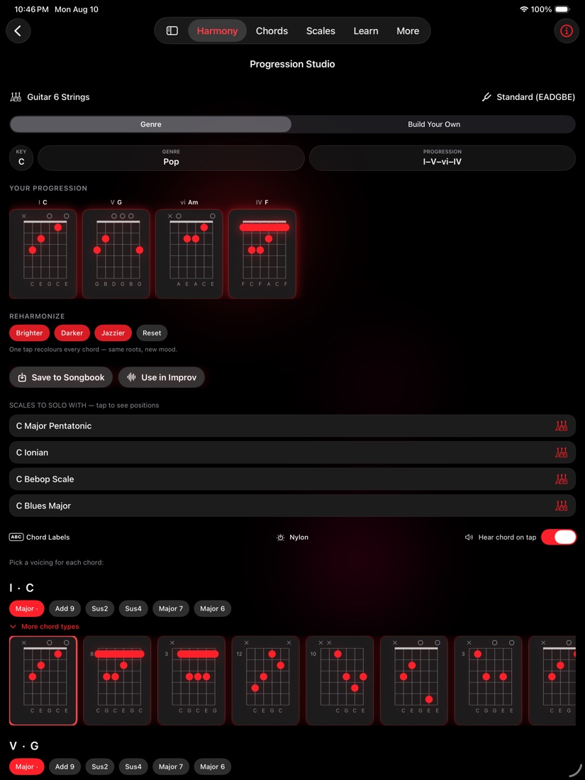 redLUX Guitar on iPad — Progression Studio with room for the whole chord rack