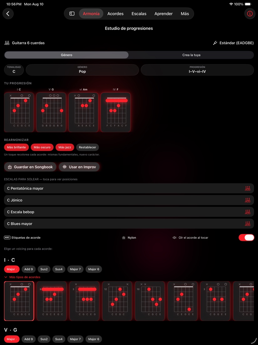 redLUX Guitar en iPad — Estudio de Progresiones con espacio para todo el rack de acordes