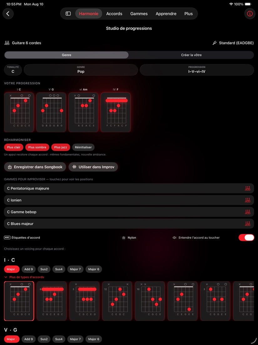 redLUX Guitar sur iPad — Studio de progressions avec la place pour tout le rack d'accords