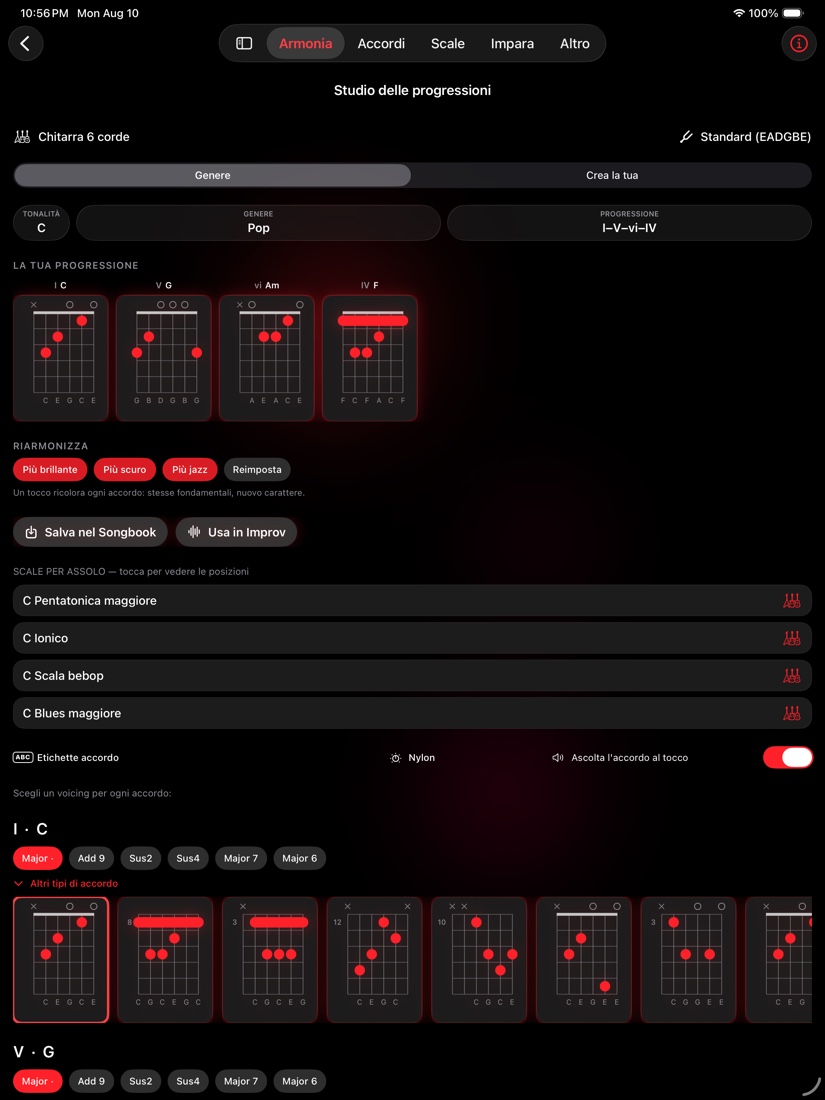 redLUX Guitar su iPad — Studio delle Progressioni con spazio per tutto il rack di accordi