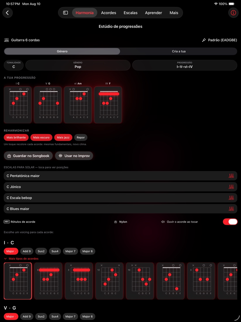 redLUX Guitar no iPad — Estúdio de Progressões com espaço para todo o rack de acordes