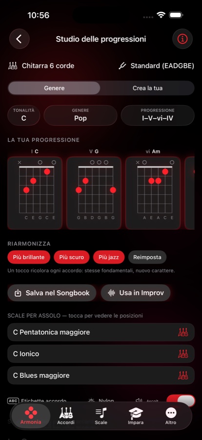 Studio delle Progressioni con una progressione I-V-vi-IV in Do, diagrammi di accordo per ogni grado, pulsanti Riarmonizza e un elenco di scale su cui improvvisare