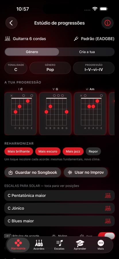 Estúdio de Progressões com uma progressão I-V-vi-IV em Dó, diagramas de acorde para cada grau, botões de Reharmonizar e uma lista de escalas para solar