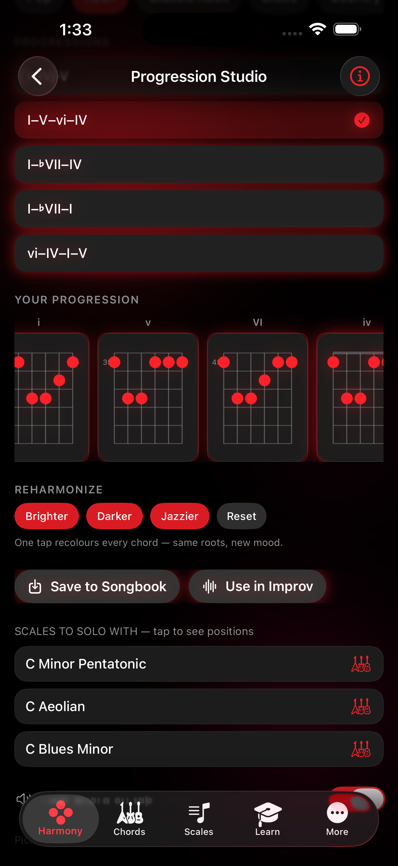 Progression Studio screen with a i-V-vi-IV chord progression, Reharmonize buttons, and scale suggestions to solo with