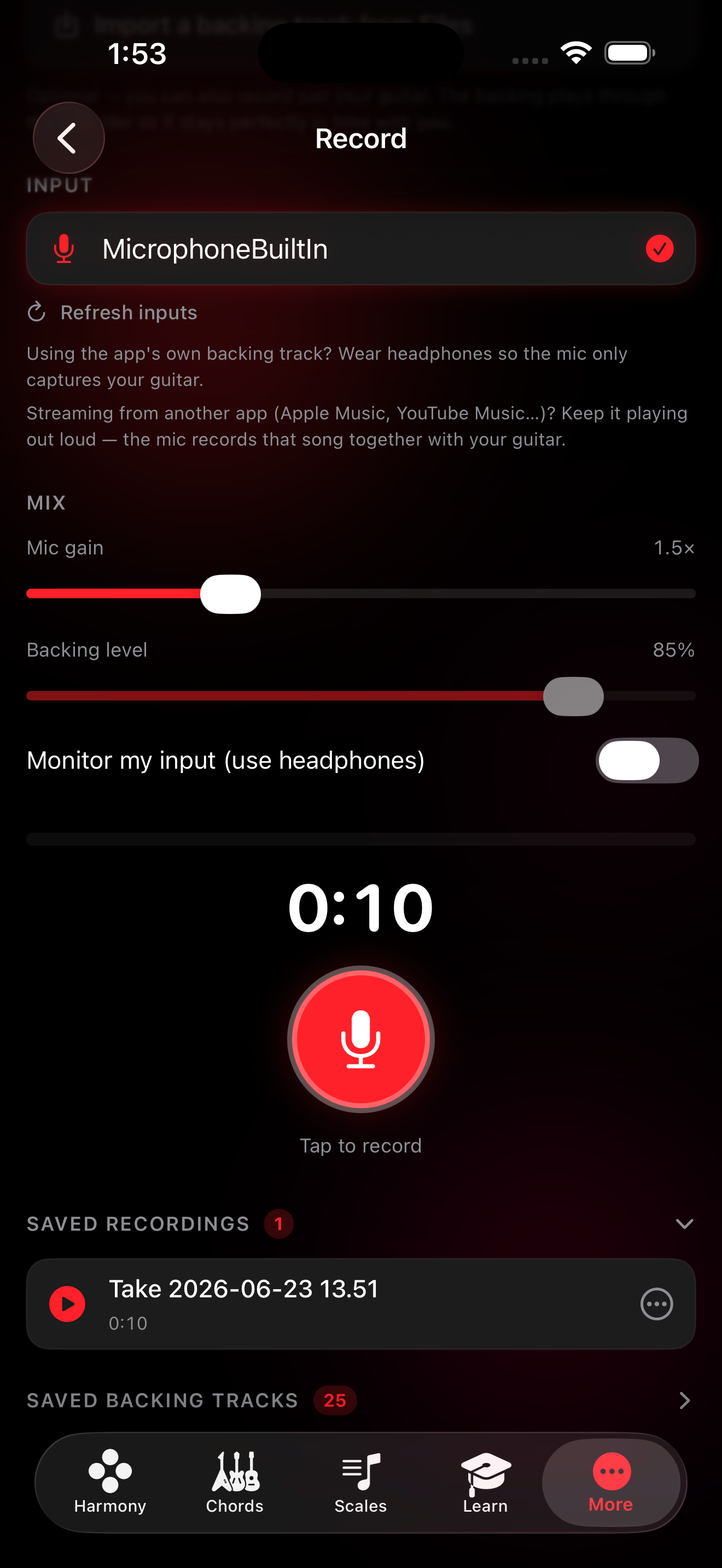 Recording screen with microphone input picker, mic gain and backing-track level sliders, and a saved takes library