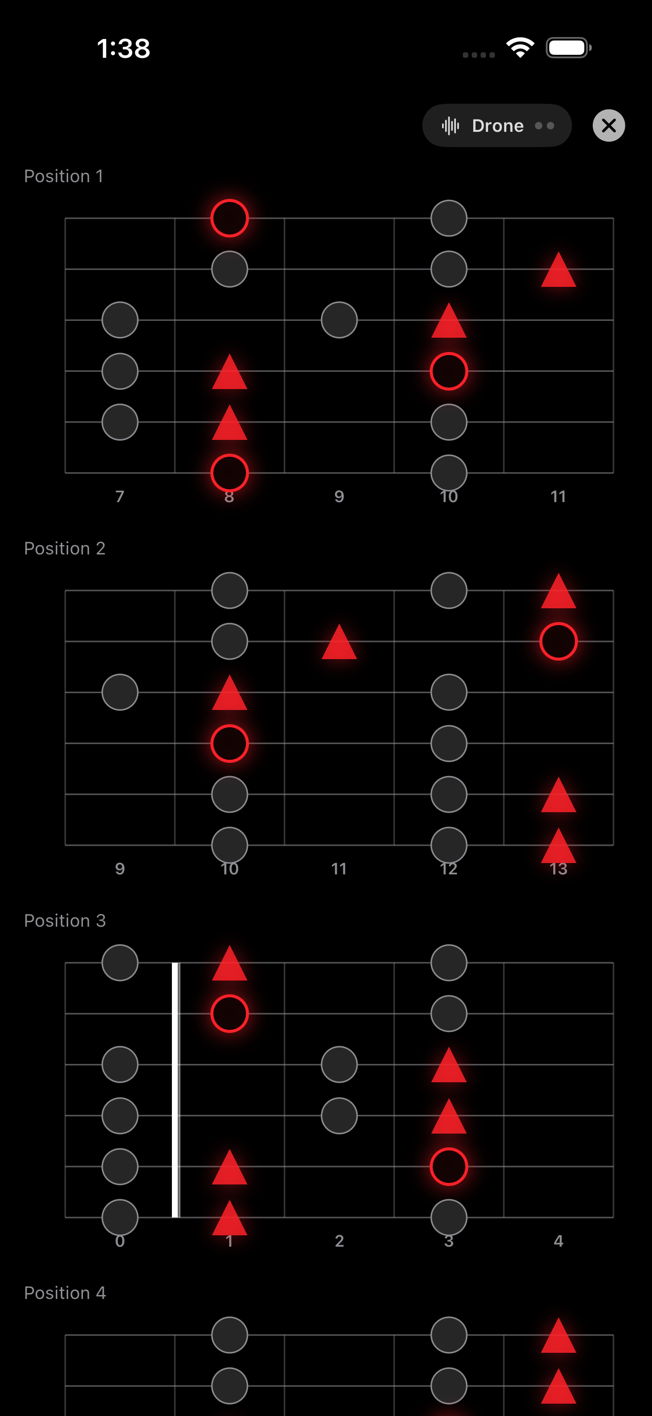 Distraction-free full-screen scale practice mode with a root-and-fifth drone toggle and stacked fretboard positions