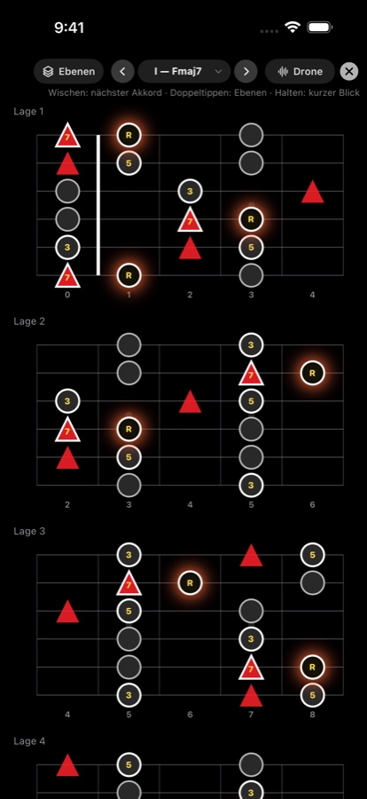 Tonleiter-Bildschirm im Ebenen-Modus mit einem Akkord über jeder Tonleiter-Lage, Akkordtönen in goldenen Ringen und einer Drone-Steuerung oben
